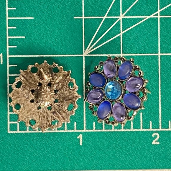 Button Stud Earrings Shades of Blue Purple Stones Oval Circling Aqua Round Stone - Picture 8 of 8